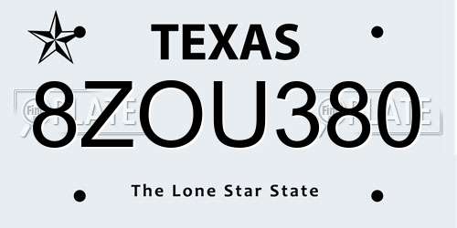 8ZOU380 Texas License Plate