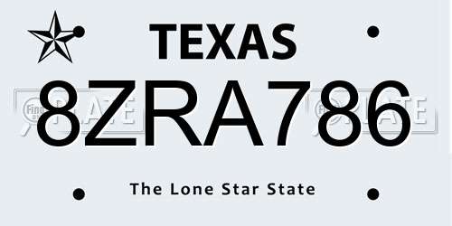 8ZRA786 Texas License Plate