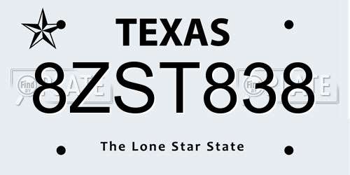 8ZST838 Texas License Plate
