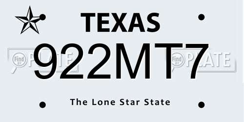 922MT7 Texas License Plate