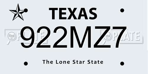 922MZ7 Texas License Plate