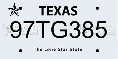 97TG385 Texas License Plate
