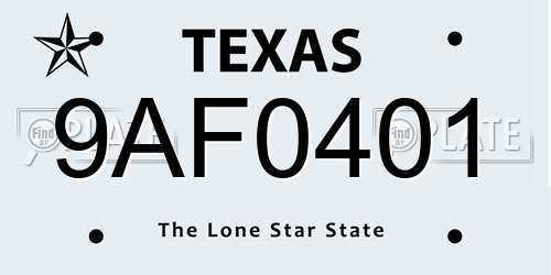 9AF0401 Texas License Plate