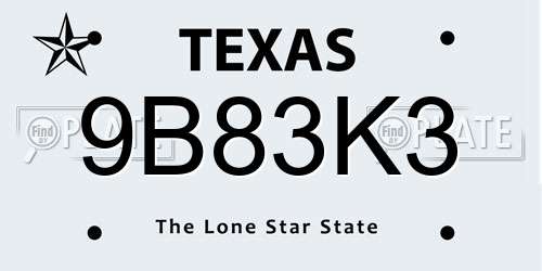 9B83K3 Texas License Plate