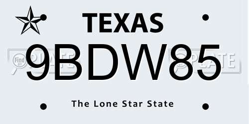 9BDW85 Texas License Plate