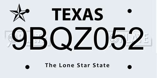 9BQZ052 Texas License Plate