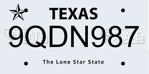 9QDN987 Texas License Plate