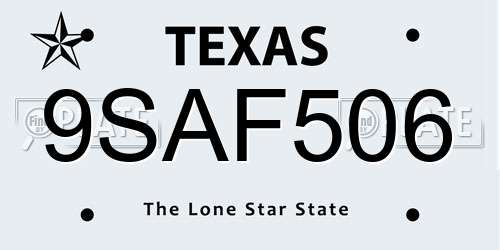9SAF506 Texas License Plate