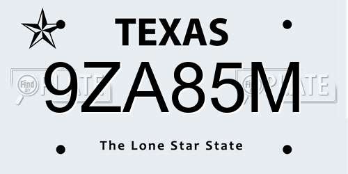 9ZA85M Texas License Plate