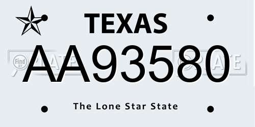 AA93580 Texas License Plate