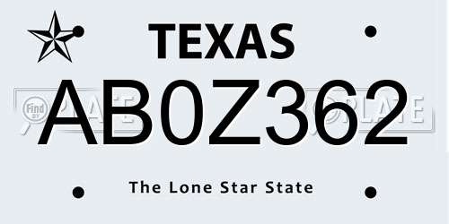 AB0Z362 Texas License Plate