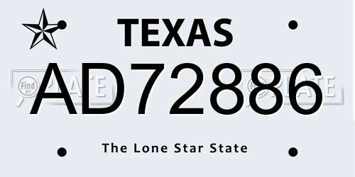 AD72886 Texas License Plate