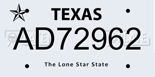 AD72962 Texas License Plate