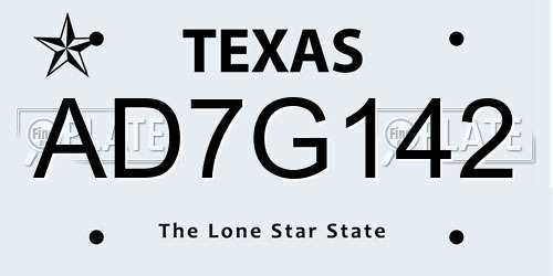 AD7G142 Texas License Plate