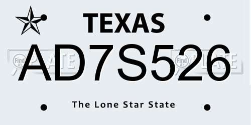 AD7S526 Texas License Plate