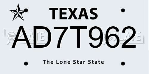 AD7T962 Texas License Plate
