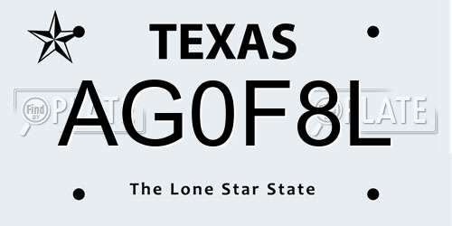 AG0F8L Texas License Plate