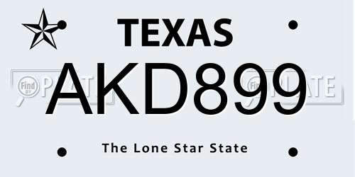 AKD899 Texas License Plate