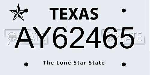 AY62465 Texas License Plate
