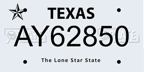 AY62850 Texas License Plate