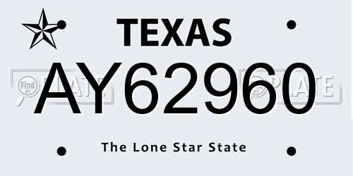 AY62960 Texas License Plate