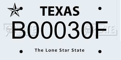 B00030F Texas License Plate
