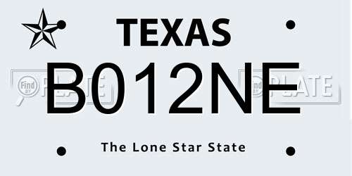 B012NE Texas License Plate