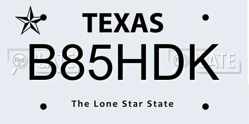 B85HDK Texas License Plate