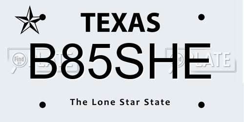 B85SHE Texas License Plate