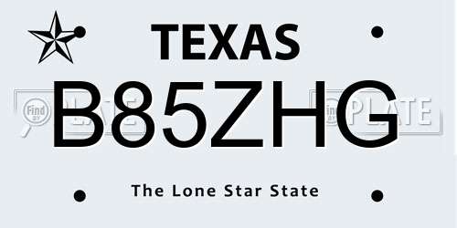 B85ZHG Texas License Plate