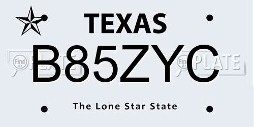 B85ZYC Texas License Plate