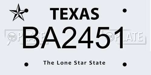 BA2451 Texas License Plate