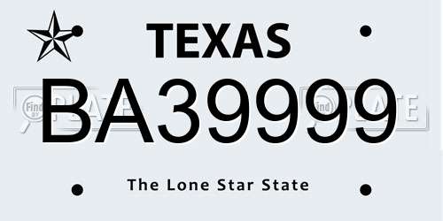 BA39999 Texas License Plate