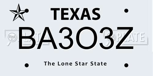BA3O3Z Texas License Plate