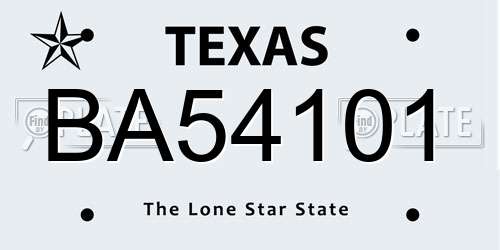 BA54101 Texas License Plate