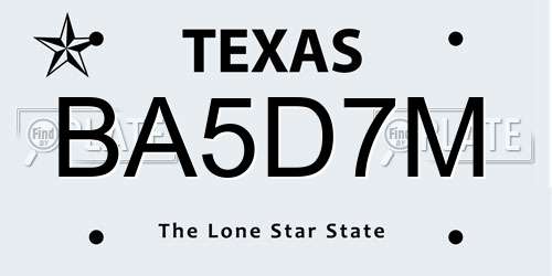 BA5D7M Texas License Plate