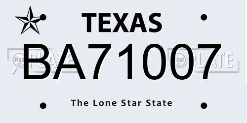 BA71007 Texas License Plate