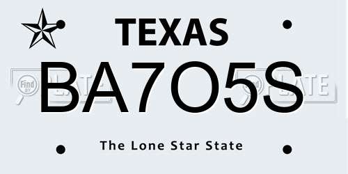 BA7O5S Texas License Plate