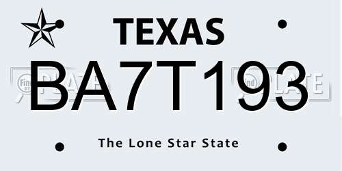 BA7T193 Texas License Plate