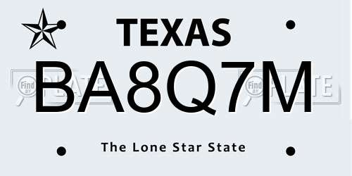 BA8Q7M Texas License Plate