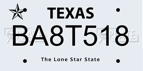 BA8T518 Texas License Plate