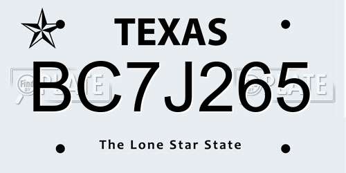 BC7J265 Texas License Plate