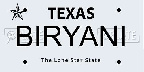 BIRYANI Texas License Plate