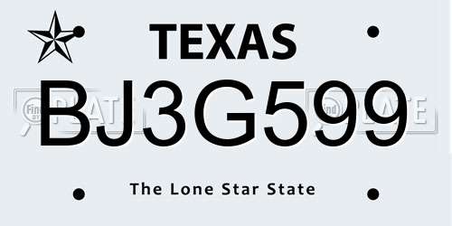 BJ3G599 Texas License Plate