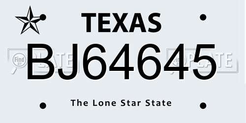 BJ64645 Texas License Plate
