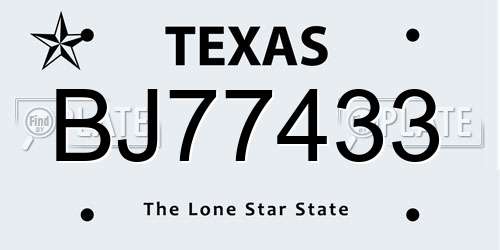 BJ77433 Texas License Plate