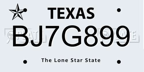 BJ7G899 Texas License Plate