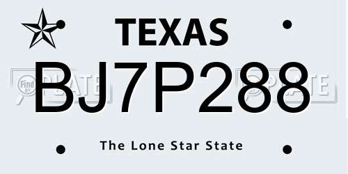 BJ7P288 Texas License Plate