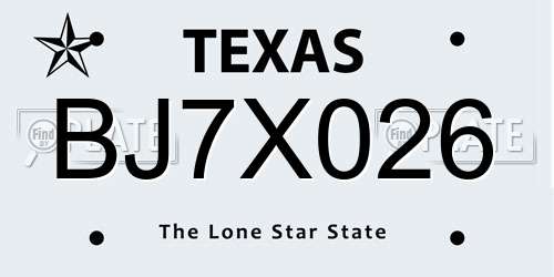 BJ7X026 Texas License Plate