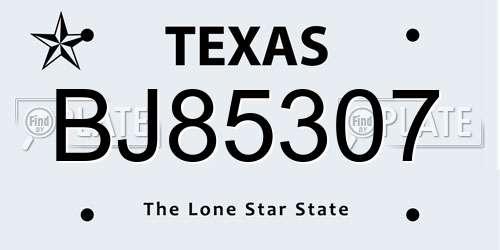 BJ85307 Texas License Plate